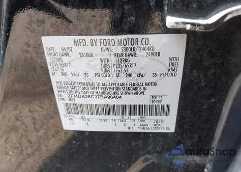 2007 Ford Edge Se из США, поврежденный, VIN 2FMDK36C37BA96404